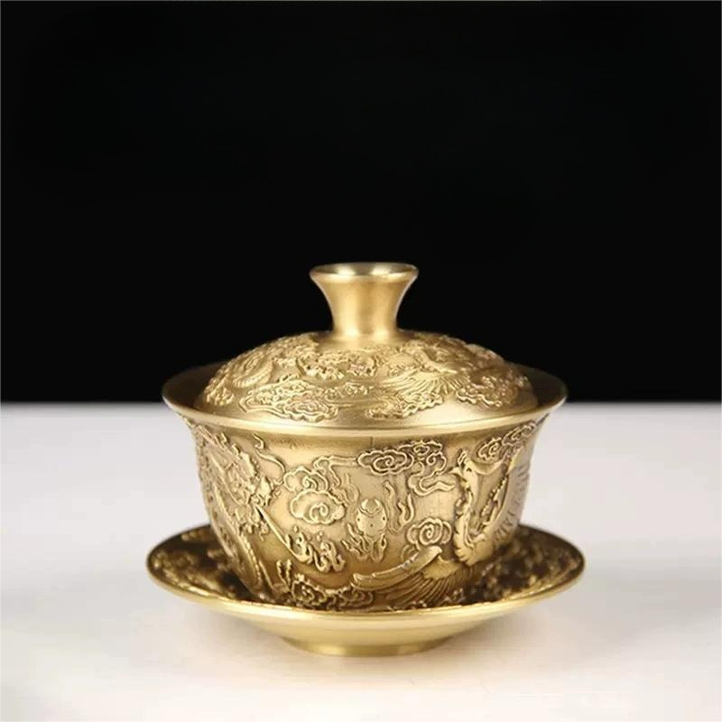 Vintage Collectible Furniture - Vintage Brass Embossed Dragon Phoenix Bowl