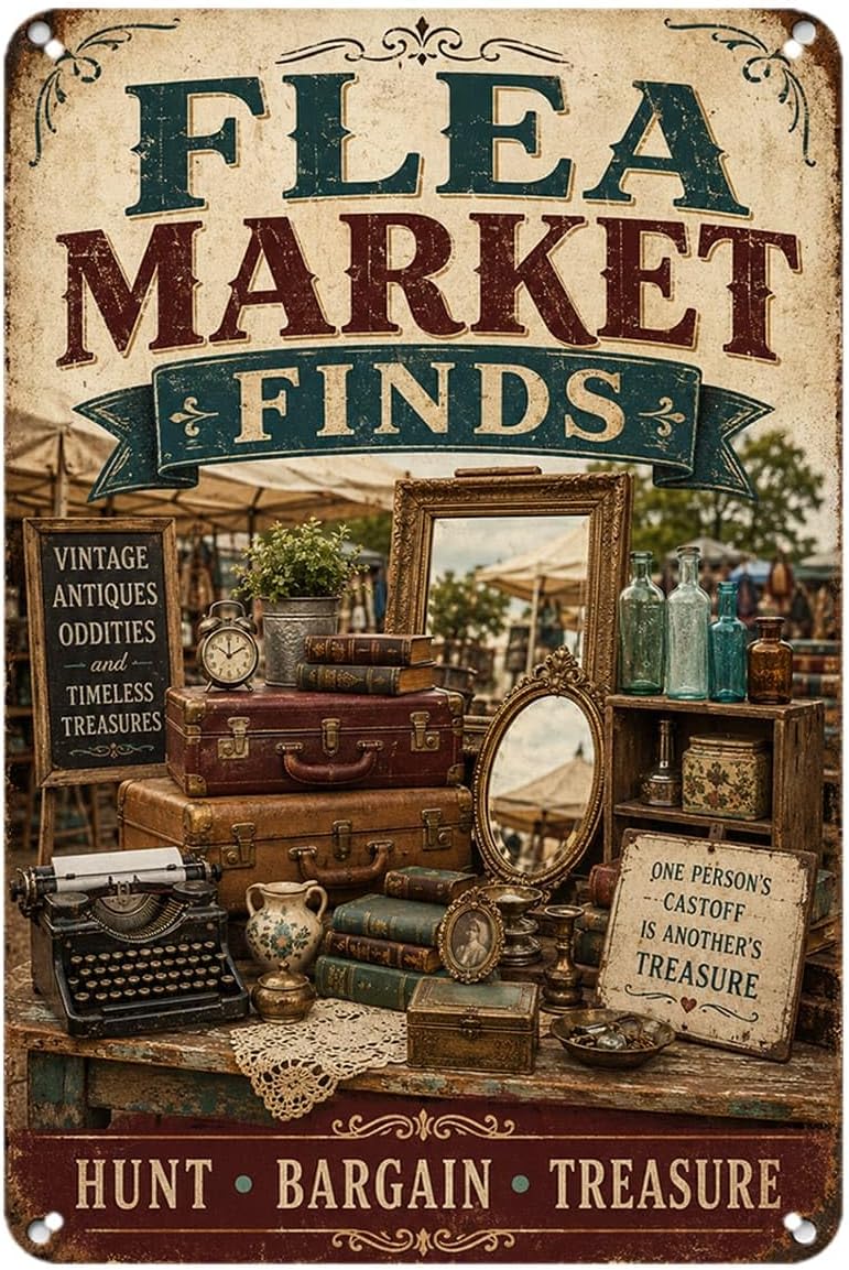 Flea Market Finds tin sign, Vi - Vintage Collectible Market recension och pris
